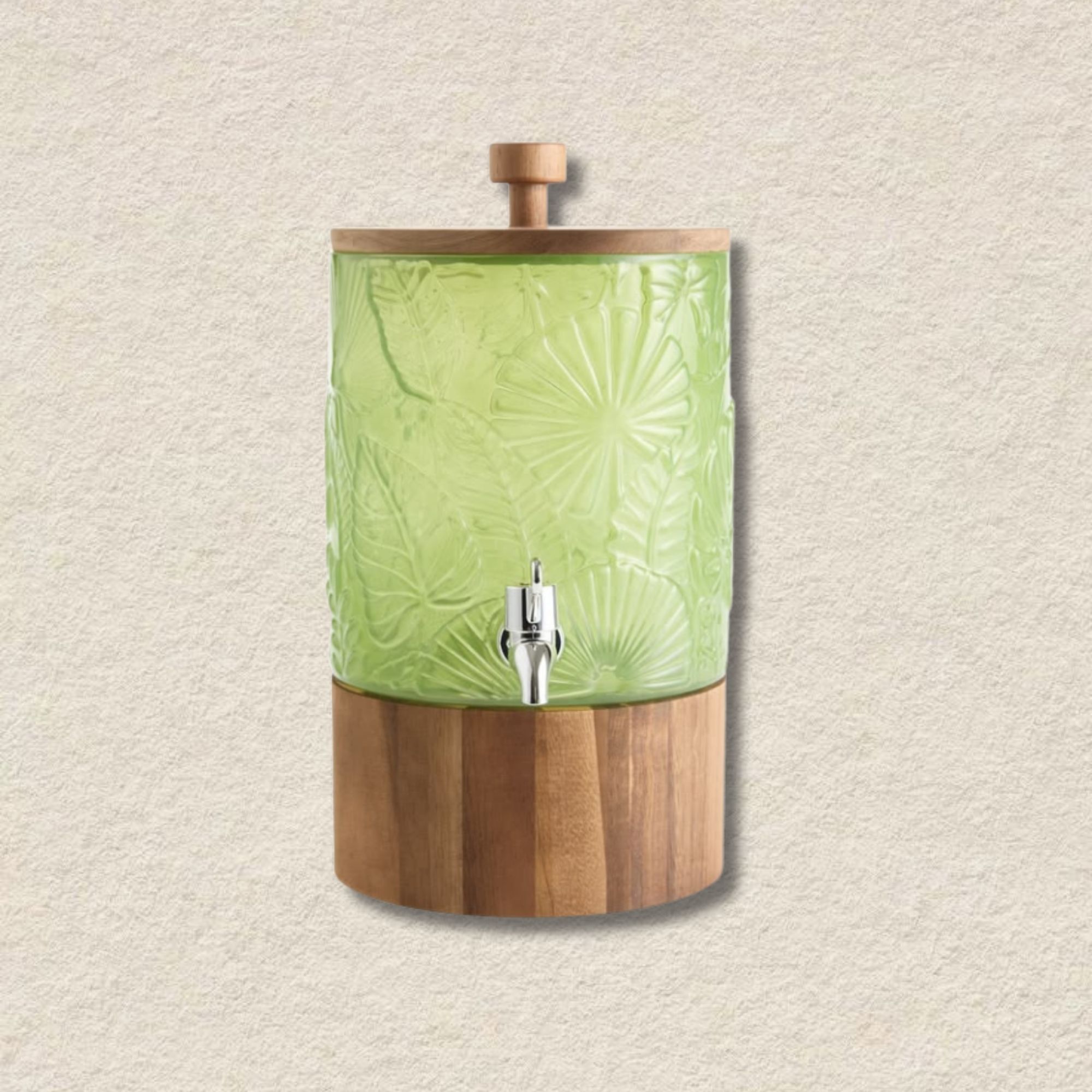 Green Glass & Wood Beverage Dispenser